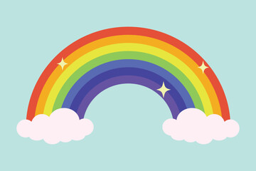 cute rainbow with authentic colors, clouds and stars