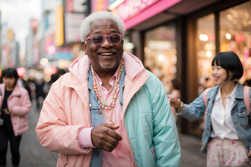  A black grandfather enjoys Harajuku fashion - obrazy, fototapety, plakaty