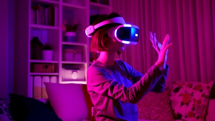 Pretty teenage girl wearing virtual reality headset in a dark room. Cute teen using VR glasses to play a game. Child in virtual augmented reality helmet. Future technology concept. - Powered by Adobe