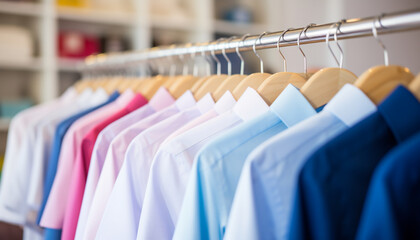 Obraz premium Assorted pastel-colored shirts on hangers in a retail clothing store.