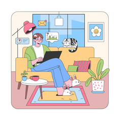 Cozy home office scene. Young man working on laptop with cat companion, surrounded by comfy decor and indoor plants. Messaging and relaxation in personal space. Flat vector illustration