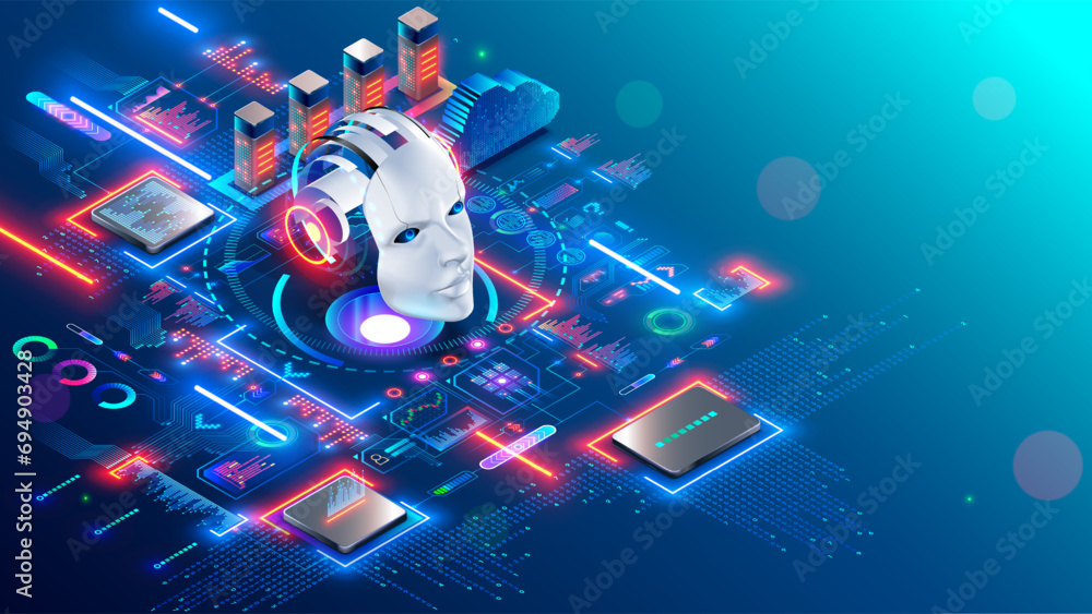 Fototapete AI chat bot development. Artificial intelligence isometric robot head among computer electronic chip hardware. Technology. Internet online chat bot face. Generative pre-trained AI. AI concept banner.