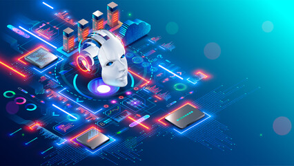 AI chat bot development. Artificial intelligence isometric robot head among computer electronic chip hardware. Technology. Internet online chat bot face. Generative pre-trained AI. AI concept banner.