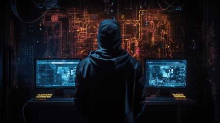Cybersecurity Vigilance: Hacker Silhouette Reflects Digital Threats