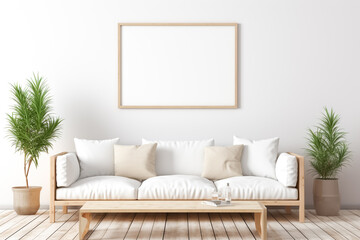 Modern interior design. Mockup poster frame on the wall of living room. Luxurious apartment background with contemporary design. 