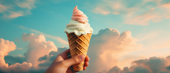 A hand holding a paper cup with a melting ice cream cone, evoking memories of childhood summers spent playing on the beach. The image could be nostalgic and sentimental - obrazy, fototapety, plakaty