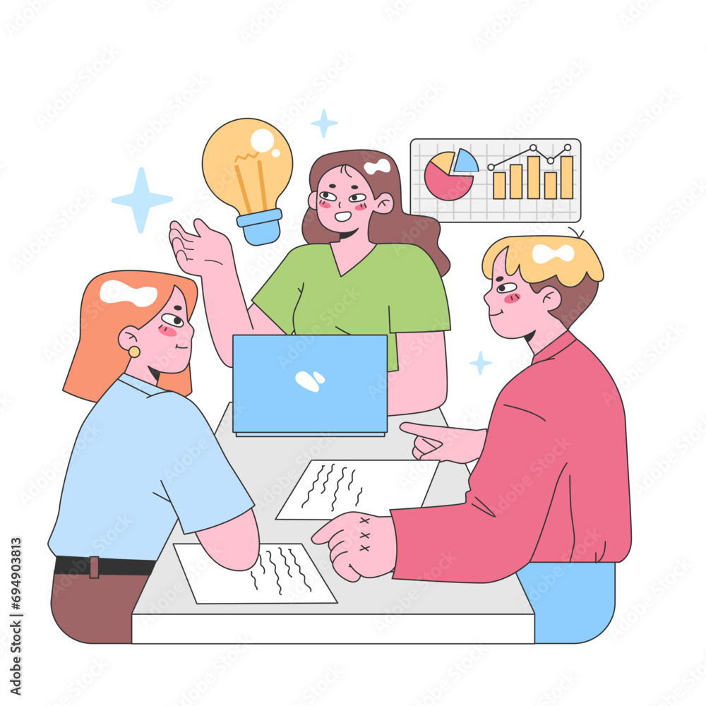 Poster collaborative brainstorming concept. a team of professionals engage in a discussion at a table, a wo