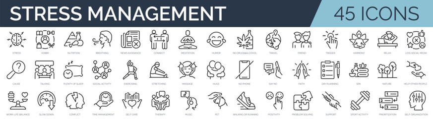 Set of 45 outline icons related to stress management. Linear icon collection. Editable stroke. Vector illustration - obrazy, fototapety, plakaty