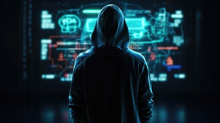 Cybersecurity Vigilance: Hacker Silhouette Reflects Digital Threats