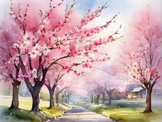 Naklejka premium Blossoming Spring Symphony: Vibrant Watercolor Illustration of Cherry Trees in Bloom. generative AI