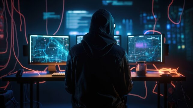 Cybersecurity Vigilance: Hacker Silhouette Reflects Digital Threats