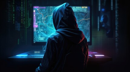 Cybersecurity Vigilance: Hacker Silhouette Reflects Digital Threats