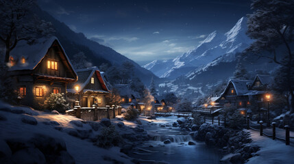 A serene winter night scene in a mountainous region