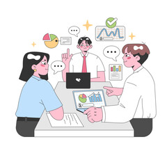 Professional team evaluates crucial data, presenting colorful charts on devices during an engaged office discussion. Employee offers insights with vibrant visual aids. Flat vector illustration