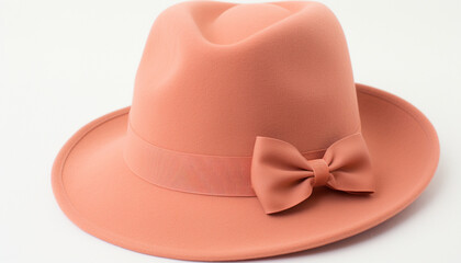 Soft peach fuzz fedora hat with a ribbon detail on a white background. - obrazy, fototapety, plakaty