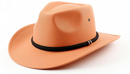 Peach-colored cowboy hat with wide brim and black band on a white background.