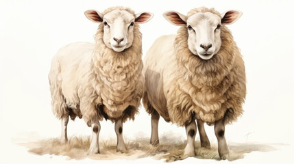Fototapeta premium Watercolor illustration of sheeps on a light background. Farm animal life