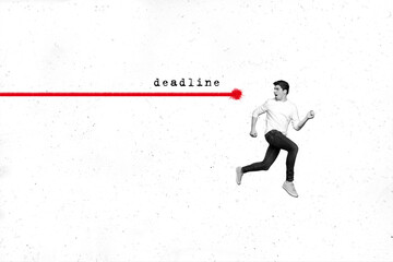 Creative photo collage illustration running young guy student freelancer hurry up frustrated...