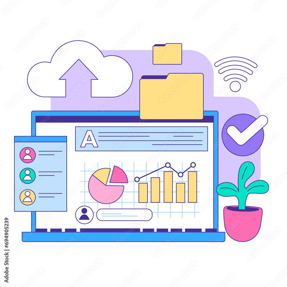 Poster dynamic digital workspace scene presents cloud uploading, vibrant data analytics, and wireless conne