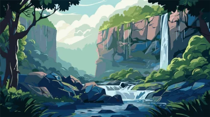 Gordijnen Beautiful landscape with a waterfall in the forest. Vector illustration. © xxstudio