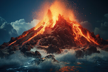 A volcanic eruption in the ocean with lava flowing into the water. Generated by artificial intelligence