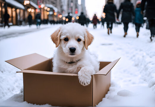 Cachorro de Golden retriever dentro de una caja de cartón. Perro en las calles nevadas de Nueva York. Abandono de animales. Hecho con IA.