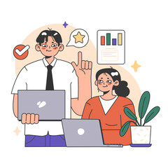 Training workshop. Interactive training process. Professional development. Increasing of business competences and skills. Flat vector illustration