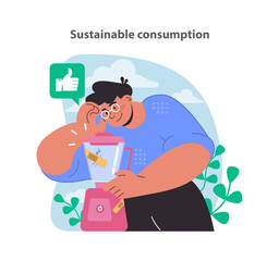 Reasonable consumption concept. Highlighting mindful shopping and waste reduction. Encourages thoughtful product use. Flat vector illustration.