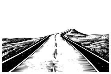Simple road hand drawn ink sketch highway landscape. Engraved style vector illustration.