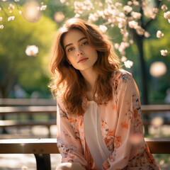 Obraz premium young woman in a sunlight park with flowers and trees in the background