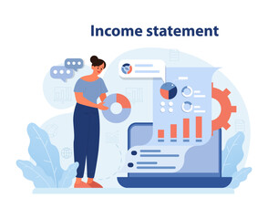 Fototapeta na wymiar Professional reviewing an income statement. Woman engaging with dynamic graphs, pie chart insights, and financial data on digital interface. Business earnings assessment. Flat vector illustration.