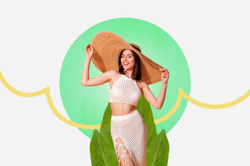 Artwork collage of sexy adorable lady wear big sun straw hat enjoying journey insomnia isolated...