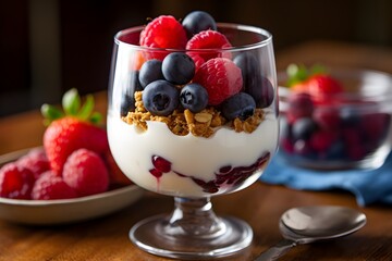 A yogurt parfait with creamy yogurt, golden granola and fresh berries - obrazy, fototapety, plakaty