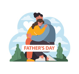 Father's Day Embrace. A young daughter wraps her arms around her father in a heartfelt hug amidst a scenic backdrop, symbolizing the deep bond they share on Father's Day. Flat vector illustration.