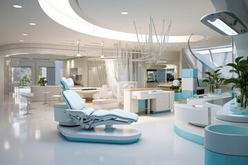 Modern dental office decoration sky color, Dental clinic chair in hospital bed, room, chair,...