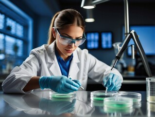 Female microbiologist fully focused and concent