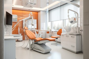 Modern dental office decoration pink color, Dental clinic chair in hospital bed, room, chair, window, Ai generated