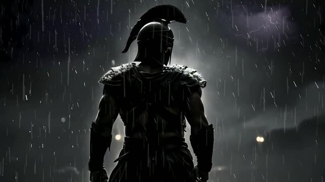 silhouette of spartan warrior with soft rain and dark background, seamless looping video animated background	
