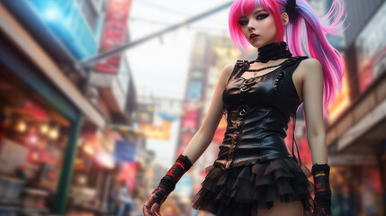 A girl with bright vibrant harajuku hair in a black stockings and black brassiere in the style of full body pose photo-realistic techniques, uhd image, tenwave, high resolution, ironical  - obrazy, fototapety, plakaty