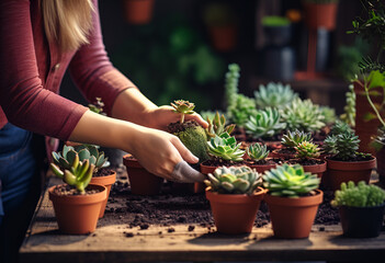 Female hands transplanting cactus in a close up shot symbolizing home gardening and care for plants using gardening tools and a bucket filled with earth for home spring planting - obrazy, fototapety, plakaty