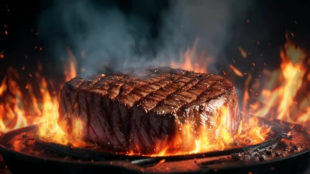 Delicious steak on fire video animation, seamless looping video animated background	