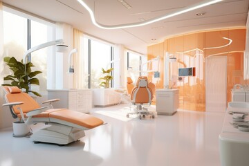 Modern dental office decoration pink color, Dental clinic chair in hospital bed, room, chair, window, Ai generated