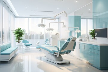 Modern dental office decoration sky color, Dental clinic chair in hospital bed, room, chair, window, Ai generated