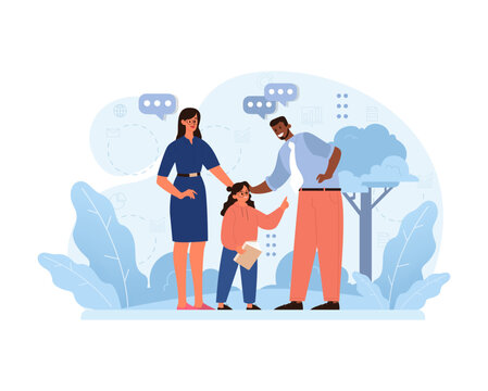 Step-parent Relationship Concept. A young girl bonds with her stepdad and mom in a park setting. Embracing new family dynamics with love and acceptance. Flat vector illustration.