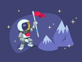An astronaut stands next to the mountains and raises a red flag up..The concept of success, achieving goals and planning. Nice vector UI illustration for your business.