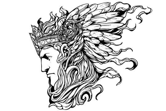 Angry hermes head hand drawn ink sketch. Engraved style vector illustration.
