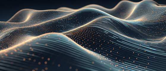3D rendering of an abstract wave of musical sounds, with intricate interweaving of dots and lines, high-resolution, focusing on the fluidity and rhythm - obrazy, fototapety, plakaty
