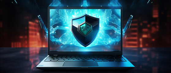 Cybersecurity illustrated as a digital shield emanating from a laptop, deflecting malicious data