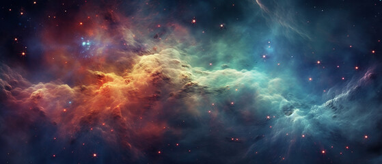 mesmerizing interstellar scene, featuring a colorful nebula and sparkling stars