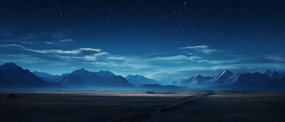 mountain range under moonlight, full moon casting a moody blue hue, stars twinkling in the background